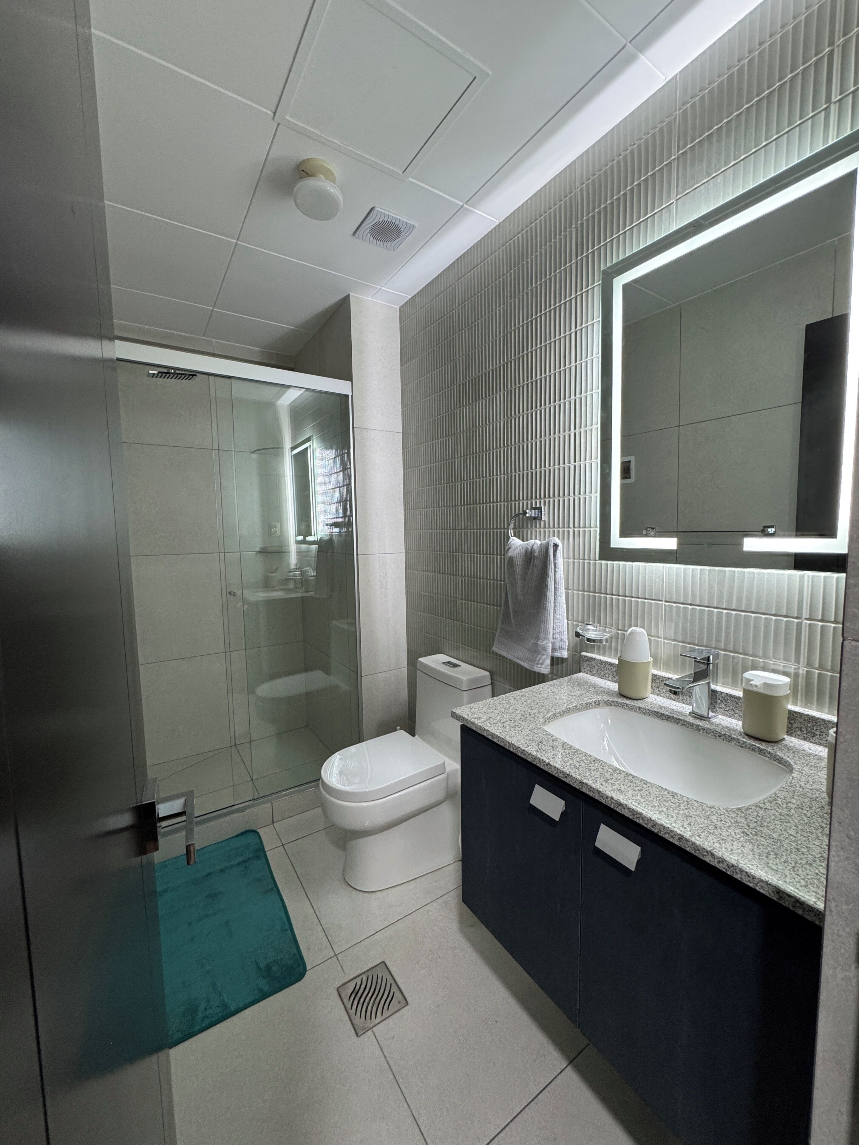 Hair dryer, towels, toilet paper