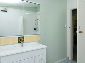 A bathroom with a white sink, mirror, and a shower area. - The Trout House - Turangi Holiday Home (Turangi)