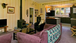 Una sala de estar con chimenea, televisor y un área de cocina con ventana.