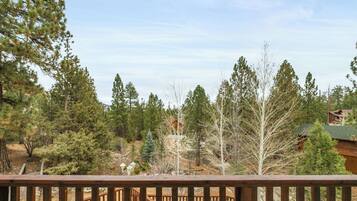 A wooden deck with a view of a mountainous area, surrounded by evergreen trees.