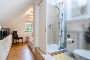 Shower, hair dryer, towels