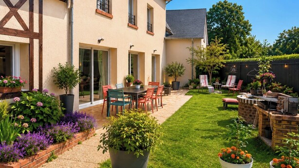Een huis met een terras, zitplaatsen buiten en een verzorgd gazon.