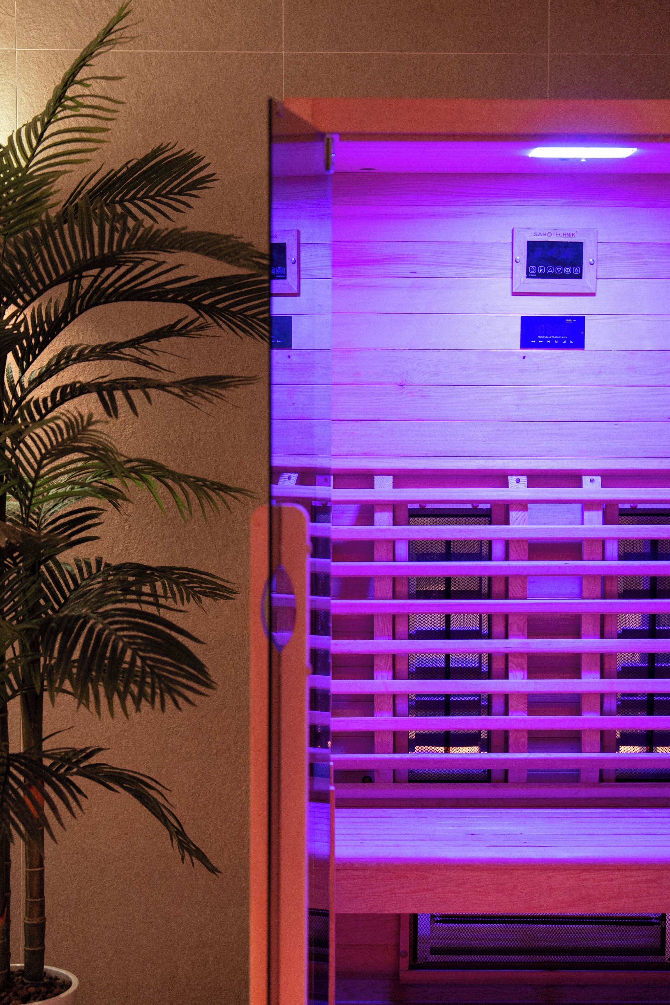 A spa area with a wooden bench, a control panel, and a potted plant.