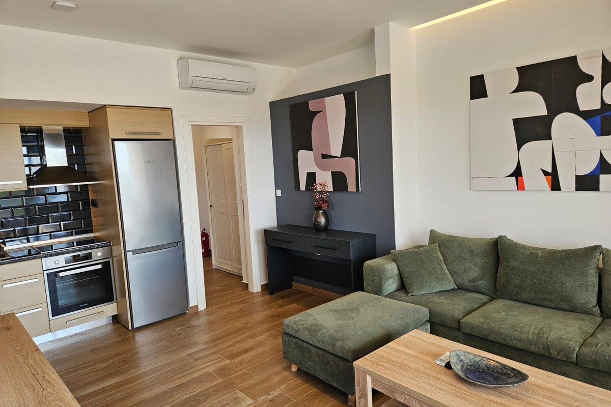 Un appartement moderne comprenant une cuisine, un coin repas et un salon.