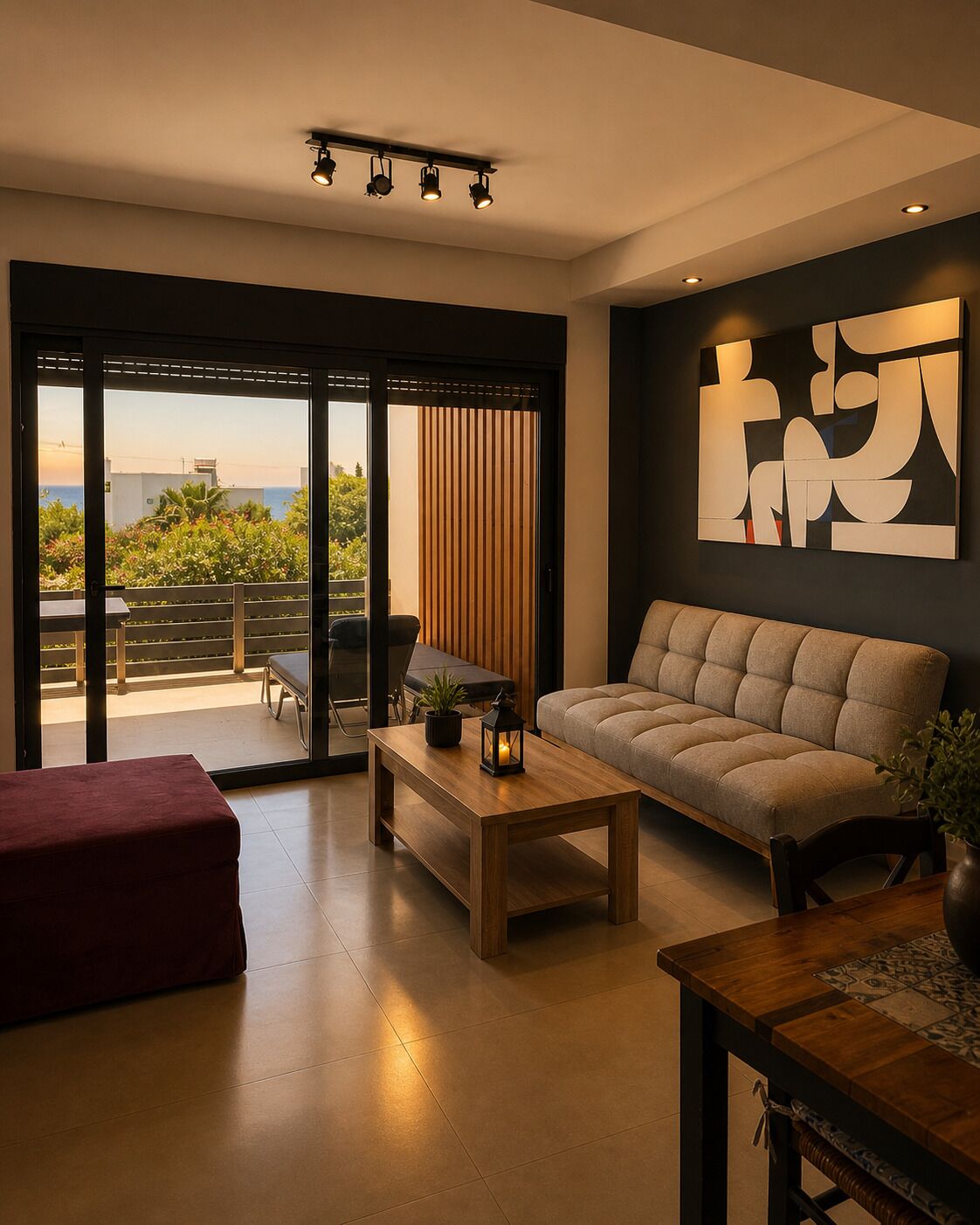Un salón moderno con un sofá, una mesa de centro de madera y un reposapiés rojo.