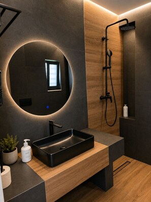 Junior Suite, Lanai, Partial Sea View | Bathroom | Shower, hair dryer, slippers, towels - Mat Suites (Rhodes)