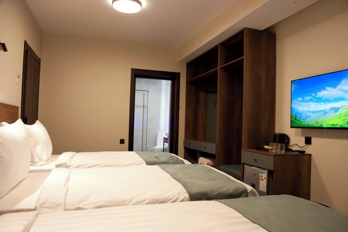 Habitación de hotel con dos camas, un armario, un televisor y un refrigerador.