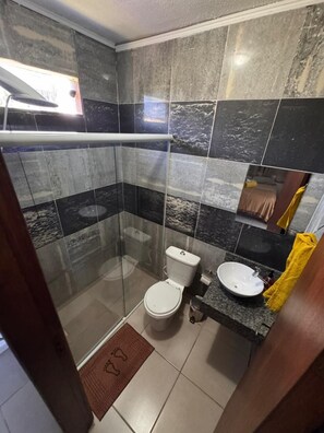 Ein Badezimmer mit Duschkabine, Toilette und Waschbecken.
