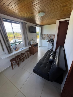 Un salon moderne avec un canapé noir, un plafond en bois, un téléviseur fixé au mur, un coin cuisine équipé d’un four à micro-ondes et une vue sur l’extérieur grâce à de grandes fenêtres.