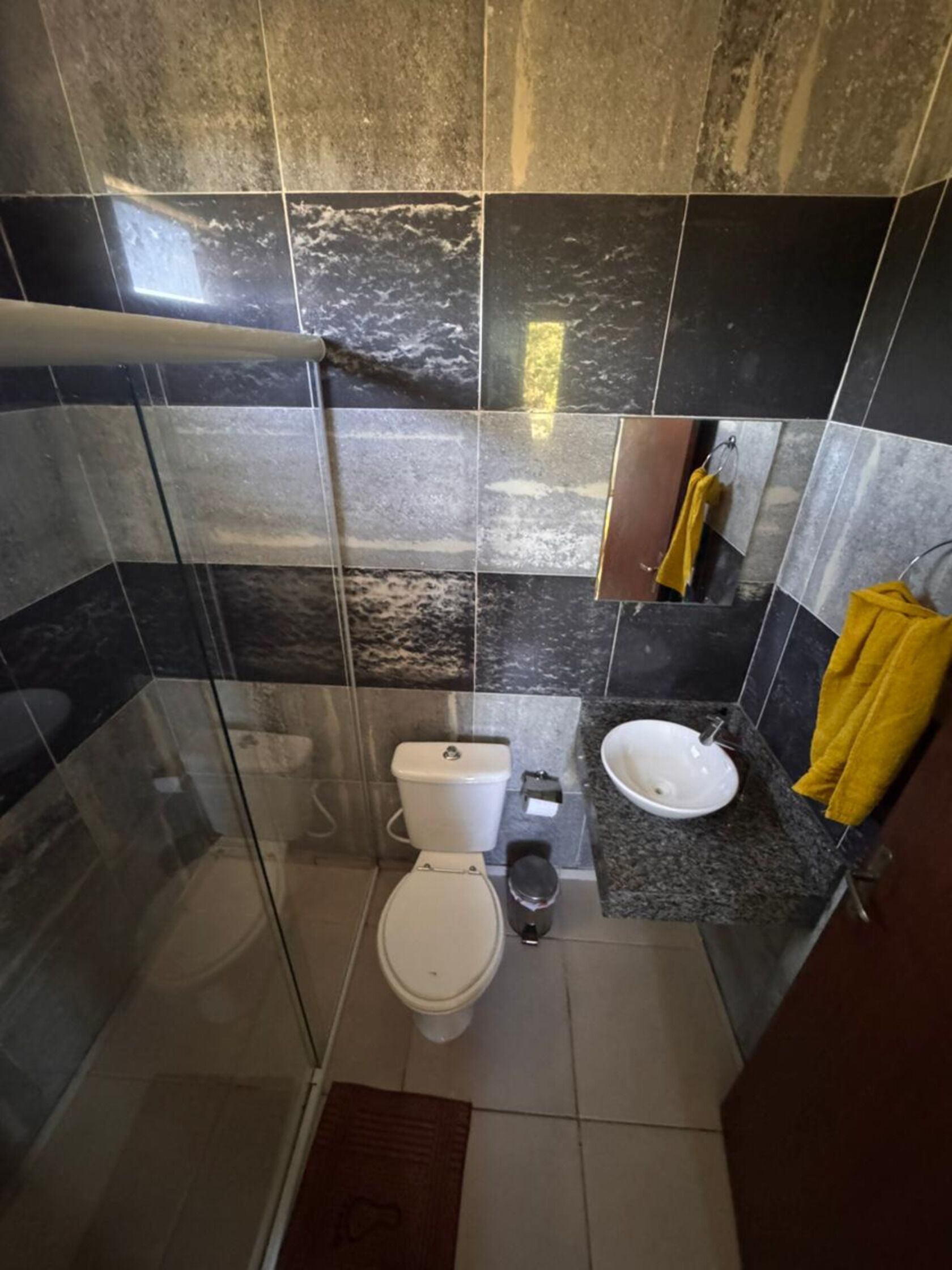 A modern bathroom with a glass shower enclosure, a toilet, a sink, and a towel rack.