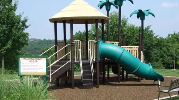 Ein Spielplatz mit Rutsche, Klettergerüst und Laube.