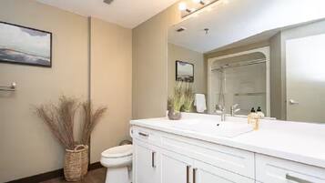 Hair dryer, towels, soap, shampoo
