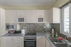 Eine moderne Küche mit Edelstahlgeräten, einer Mikrowelle und einem Fenster, das für natürliches Licht sorgt.
