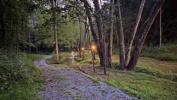 A gravel path in a forested area with trees and a fountain.