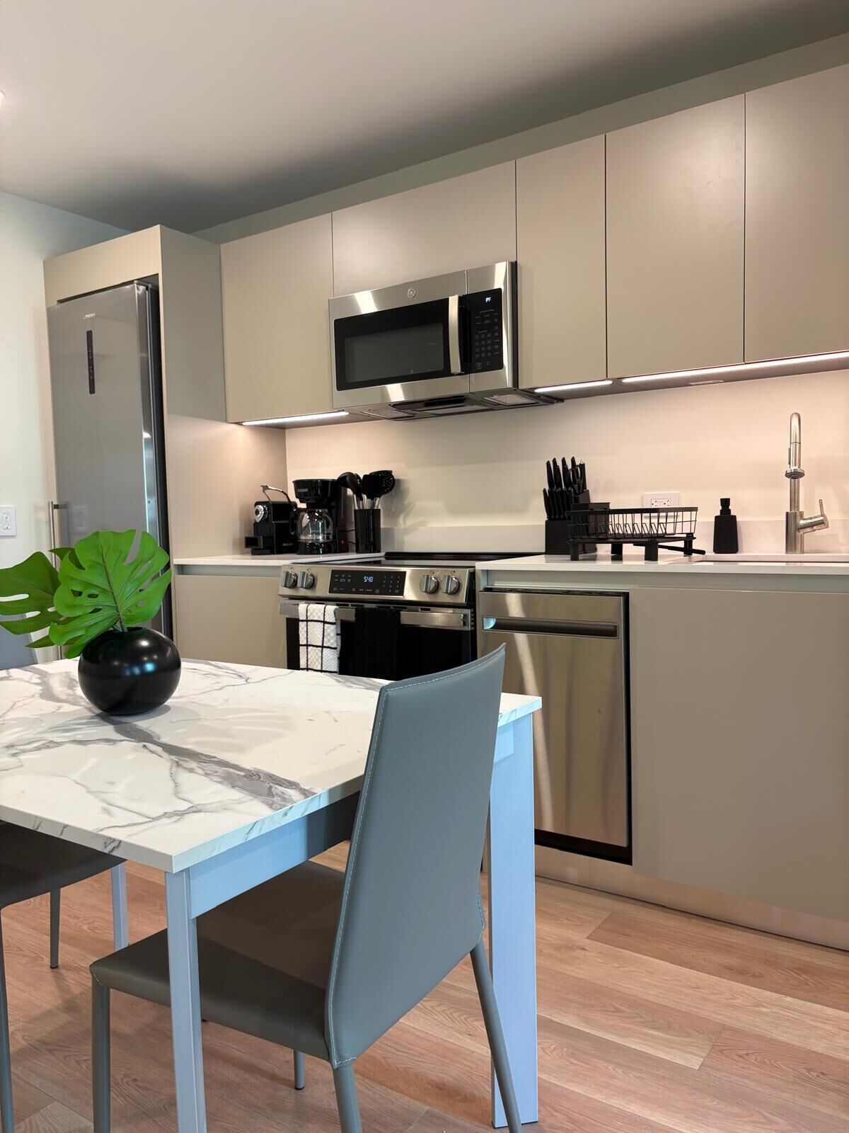 Una cocina moderna con encimera de mármol, electrodomésticos de acero inoxidable y un comedor con una silla y una planta en maceta.