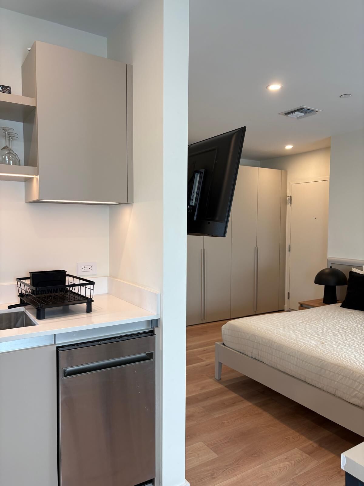 A modern bedroom with a bed, a TV mounted on the wall, and a separate kitchenette area with a dishwasher.
