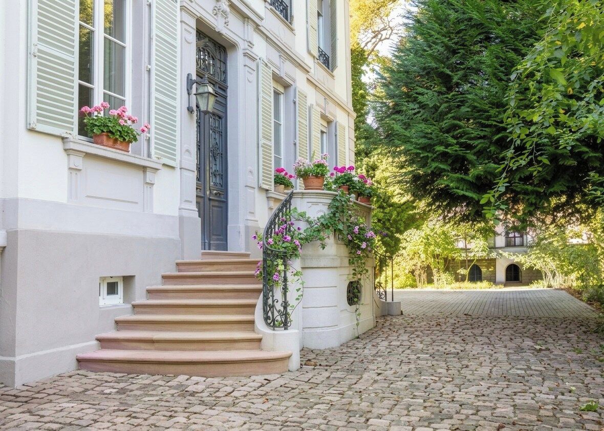 Ein Kopfsteinpflasterweg führt zu einem Gebäude mit einer Treppe und Blumenkästen.