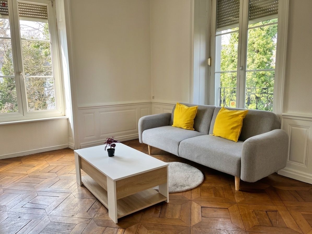 Ein Zimmer mit einem grauen Sofa, einem weißen Couchtisch und einem runden Teppich.