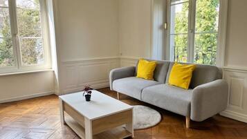 Ein Zimmer mit einem grauen Sofa, einem weißen Couchtisch und einem runden Teppich.