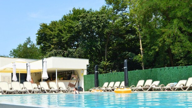 A swimming pool with lounge chairs and umbrellas, surrounded by greenery. - Hotel Vital (Băile Felix)