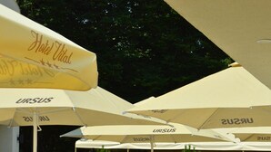 Outdoor seating with white chairs and tables, large umbrellas, and greenery in the background. - Hotel Vital (Băile Felix)