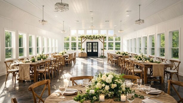 A spacious hall with long tables, wooden chairs, and chandeliers.