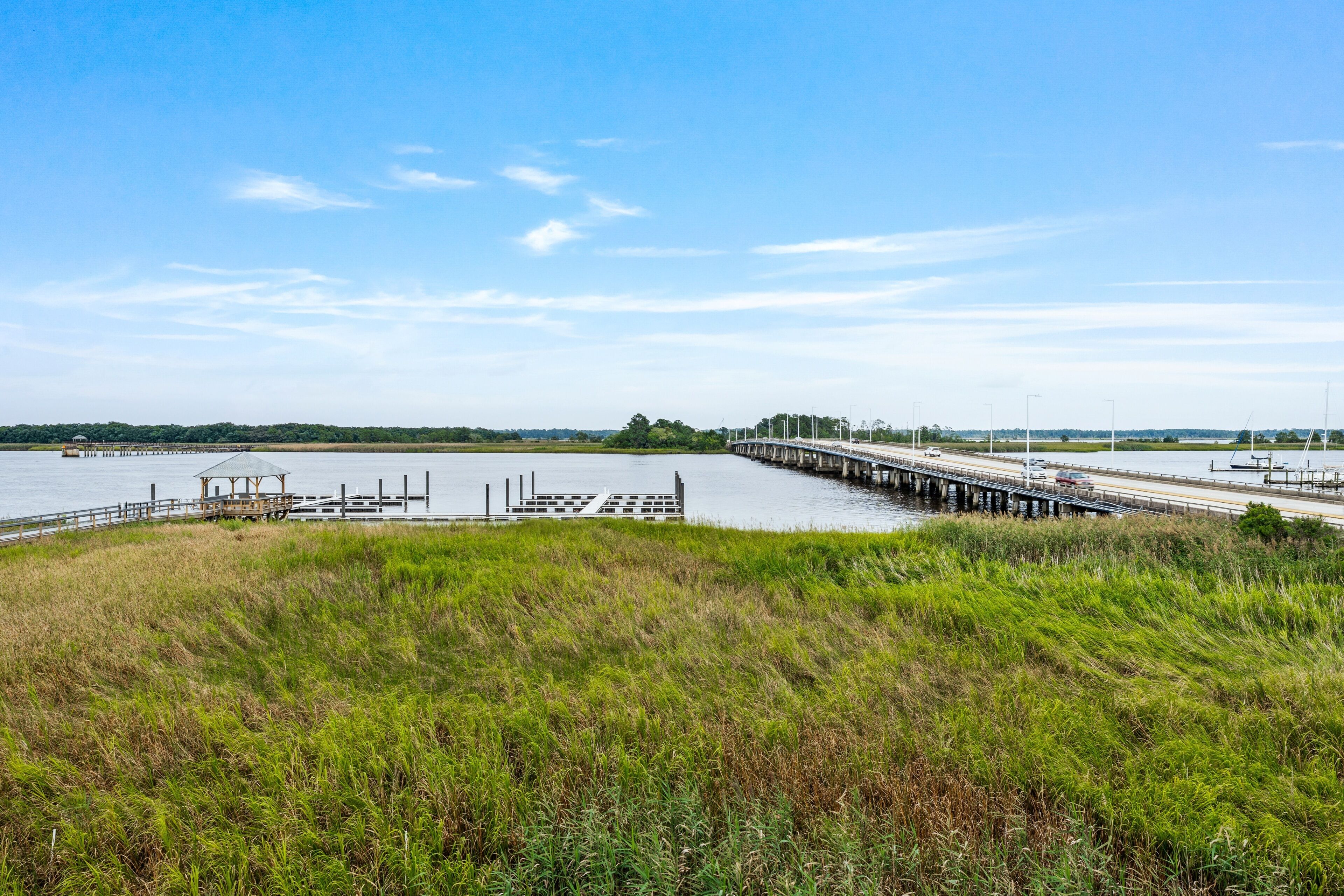 A coastal landscape with a grassy foreground, a pier extending into the water, and a bridge in the background.