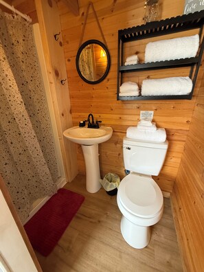 Shower, towels, soap, toilet paper