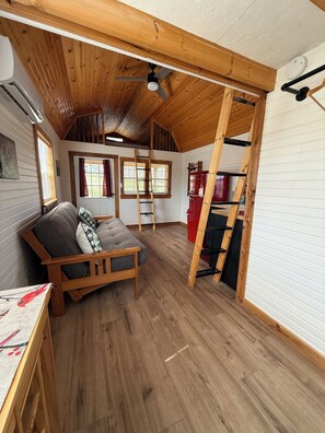 Living area - Cozy Two Loft Tiny House Cabin near beautiful Roaring River with AC (Cassville)
