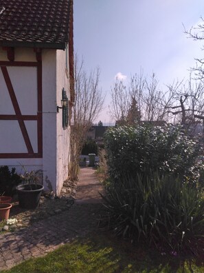 A narrow pathway leading to a building with a red and white facade, surrounded by greenery and a clear sky.