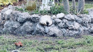 Un pequeño faro modelo blanco rodeado de rocas y plantas tropicales.