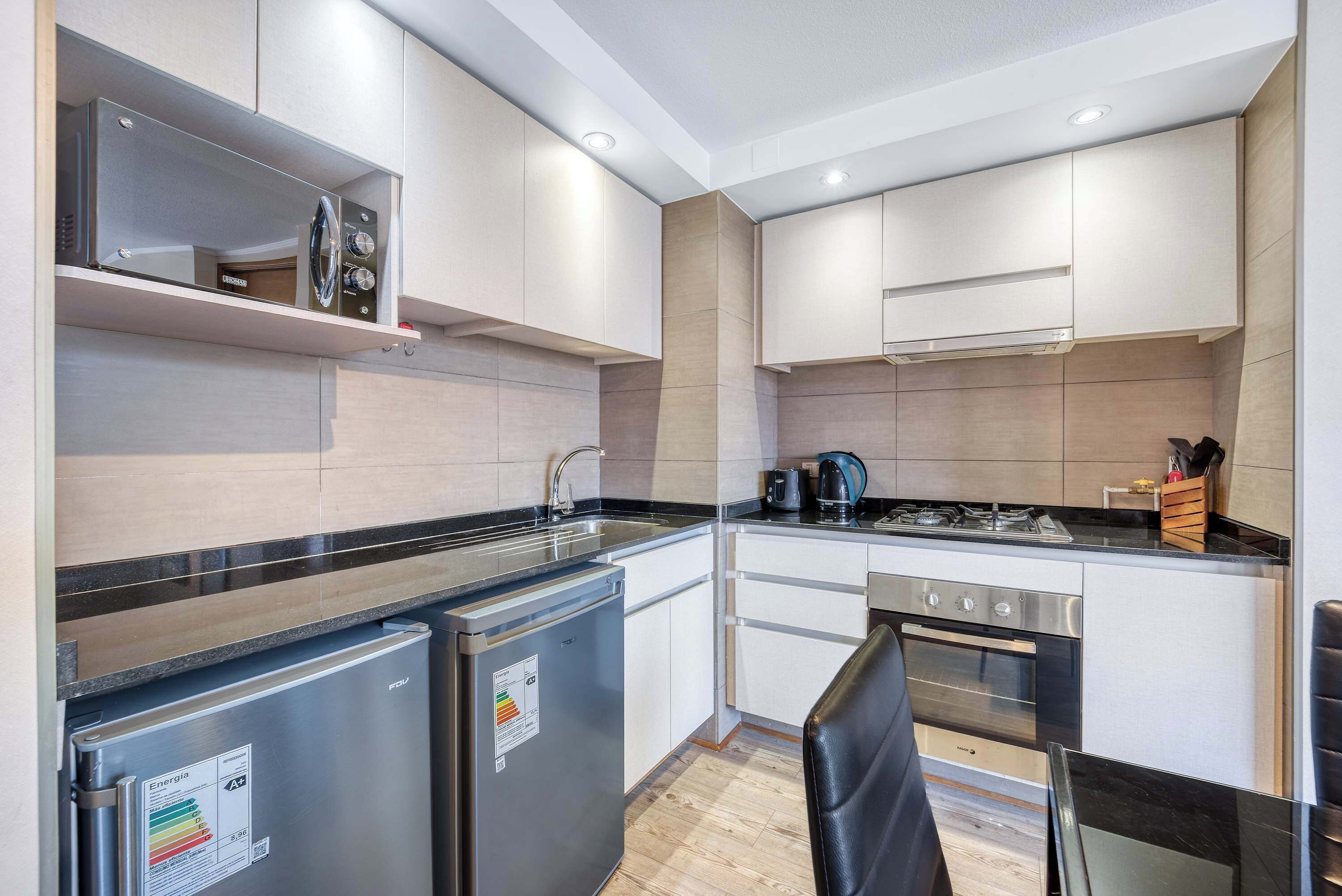 Fridge, microwave, stovetop, toaster