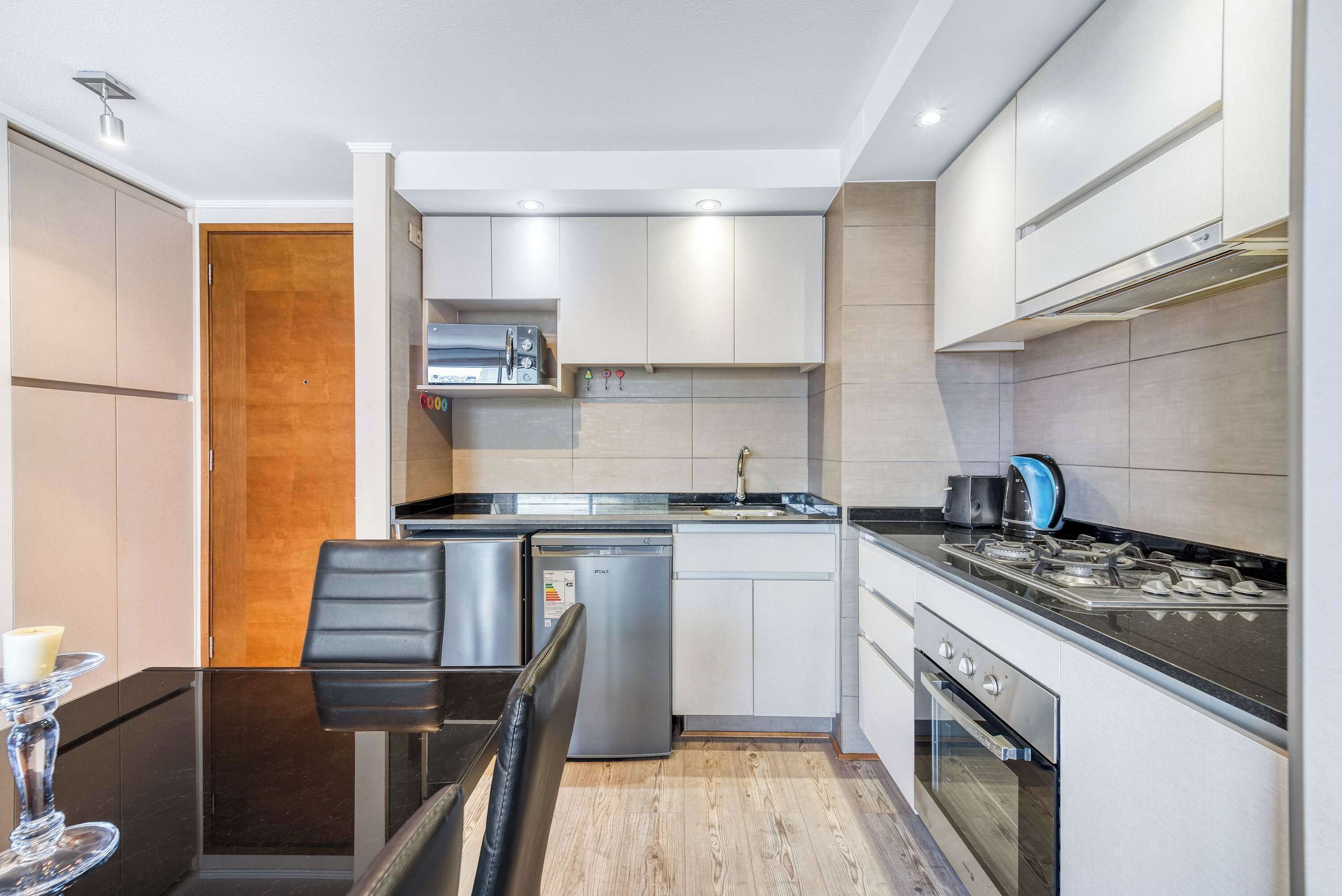 Fridge, microwave, stovetop, toaster