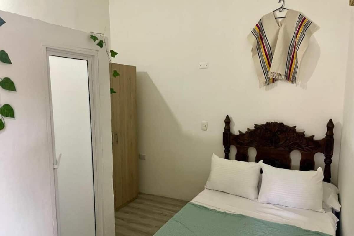 A bedroom with a bed, a wooden wardrobe, a door, and a wall-mounted item.