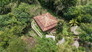 A square building with a thatched roof surrounded by dense tropical vegetation.