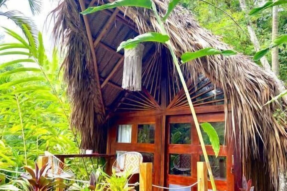 A thatched-roof hut with a wooden deck, surrounded by lush tropical plants.