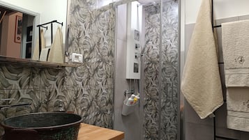 Hair dryer, bidet, towels, soap