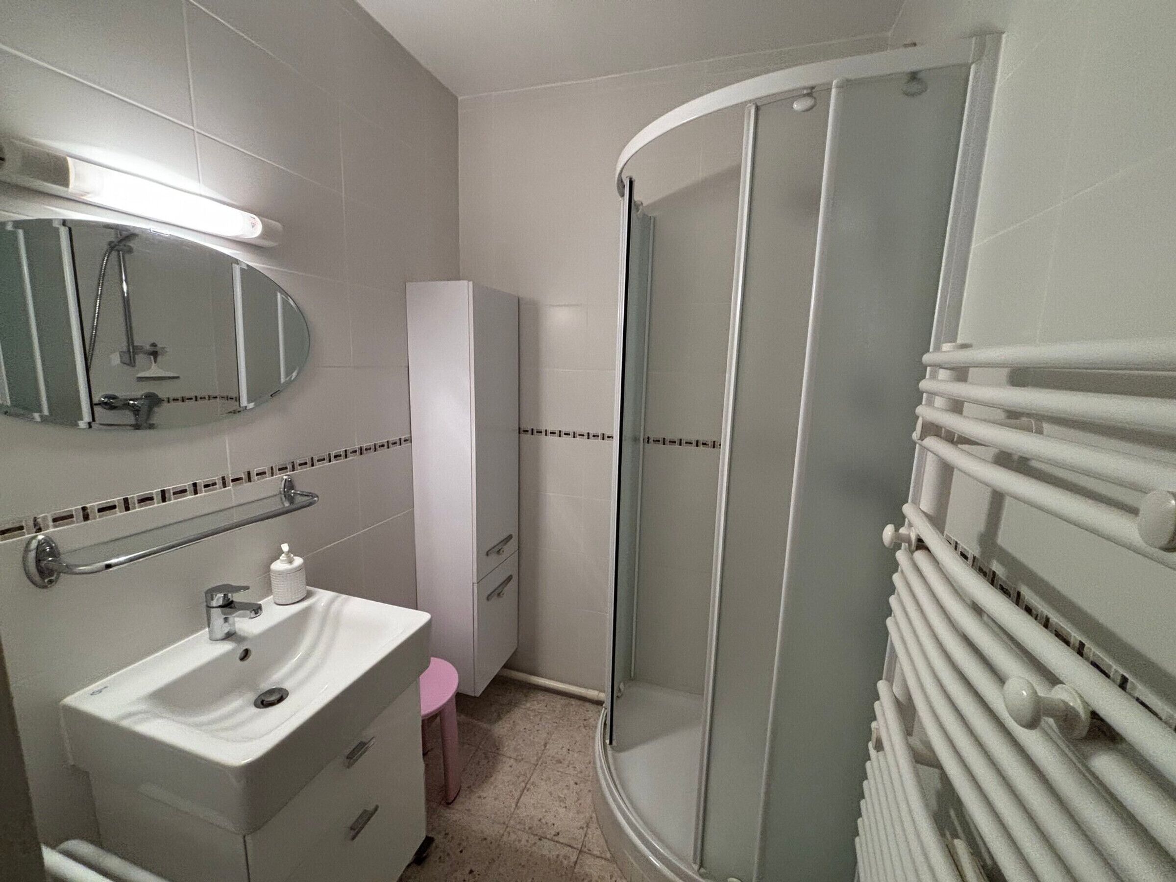 Baño con lavamanos, espejo, ducha y armario.