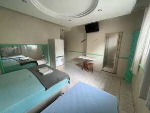 A hotel room with two beds, a small desk, a mirror, a TV, and a shower area. - Hotel Puma (São Paulo)