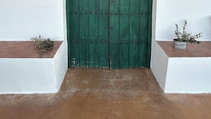 Una puerta de madera verde con un pestillo de metal, flanqueada por paredes blancas y dos macetas pequeñas.
