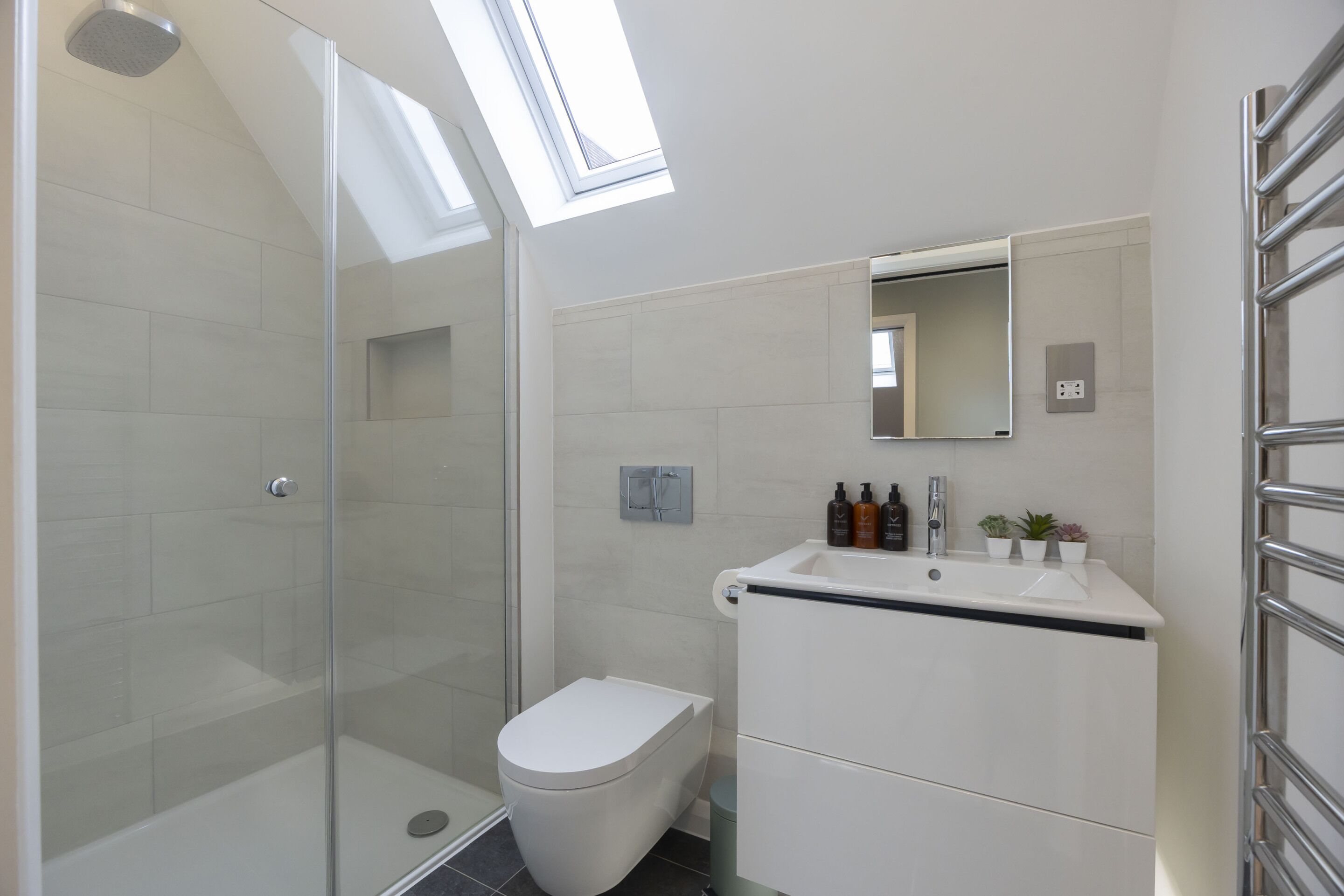 A modern bathroom with a glass shower enclosure, a toilet, a sink with a mirror, and a small selection of toiletries.