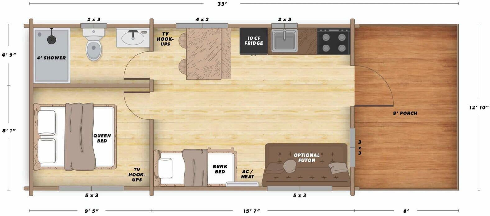 Planta de apartamento de um quarto, com chuveiro de 1,2 metro, cama de casal, conexões para TV, conexões para TV, beliche, ar condicionado/aquecimento, futon opcional, geladeira de 280 litros, varanda de 2,4 metros e pias de duas vezes três vezes o tamanho.