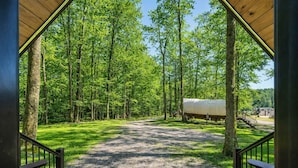 A covered outdoor area with a gravel path leading to a covered picnic table, surrounded by tall trees. - Family Cabin in the heart of The Pennsylvania Grand Canyon (Wellsboro)