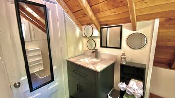 Hair dryer, towels, soap, toilet paper