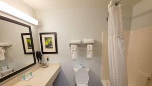 Een badkamer met een wastafel, toilet en douche.