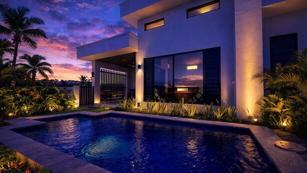 A modern house with a swimming pool, large windows, and tropical landscaping. - Solana Apartments  (Nadi)