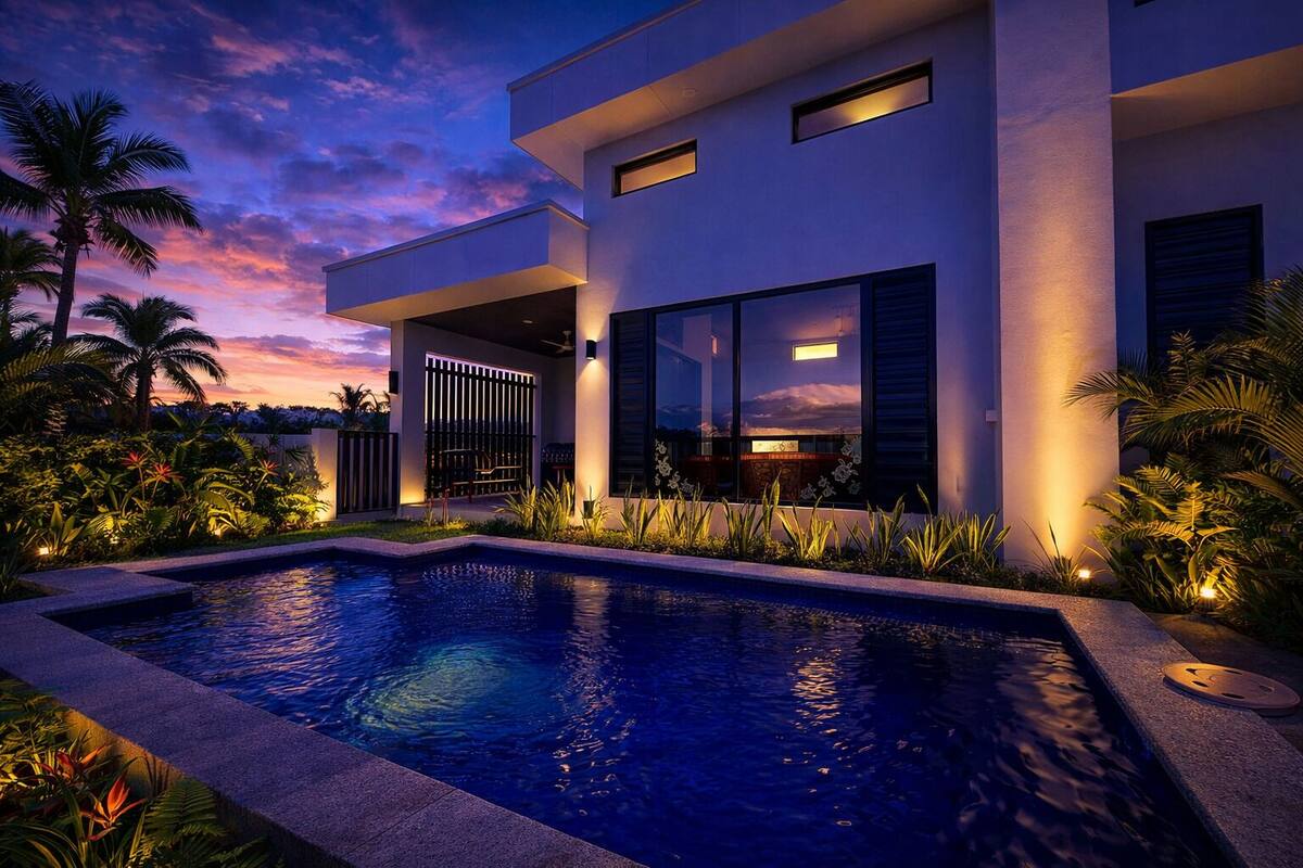 A modern house with a swimming pool, large windows, and tropical landscaping.