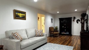 Un salon avec un canapé gris, un tapis à motifs, un parquet en bois et un meuble sombre.