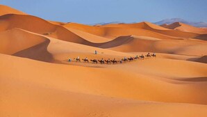 Un groupe de personnes chevauche des chameaux à travers un paysage désertique, avec des dunes de sable et des montagnes en arrière-plan.