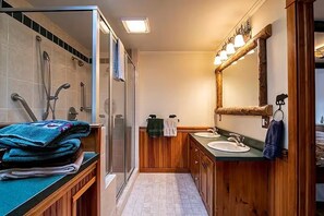 Shower, hair dryer, towels - ADK Getaway with Private Beach Access, Hot Tub & Game Room, Walk to Mirror Lake (Lake Placid)